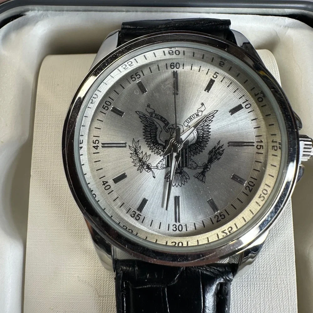 Relic by Fossil Mens Watch E Pluribus Unum US Eagle Black Leather Strap